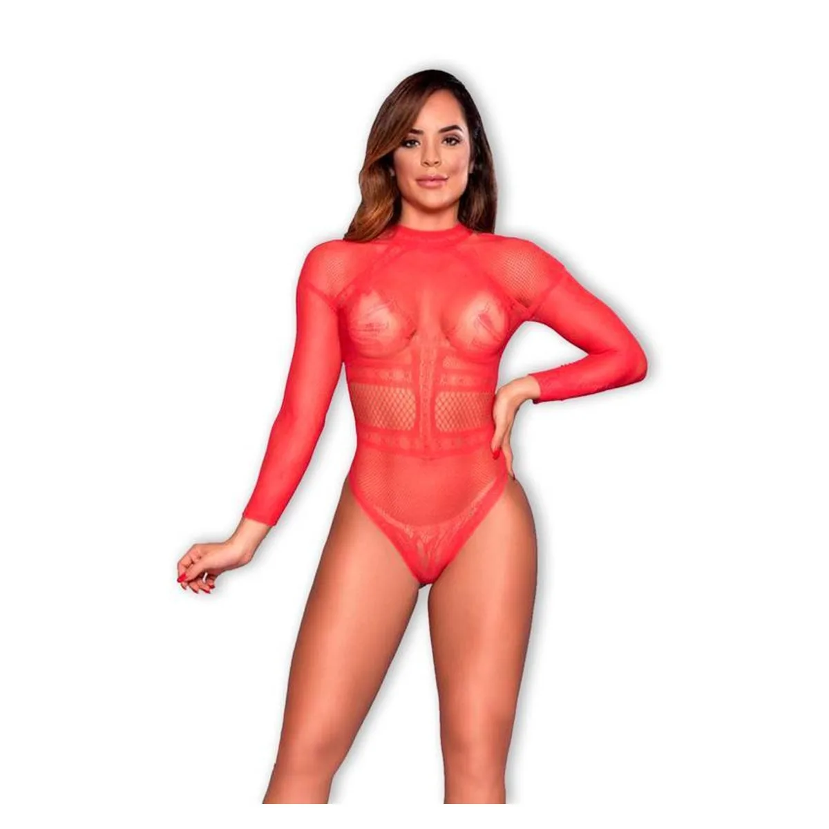 Body Arrastão com Manga - Yaffa Vermelho - Butique Bella