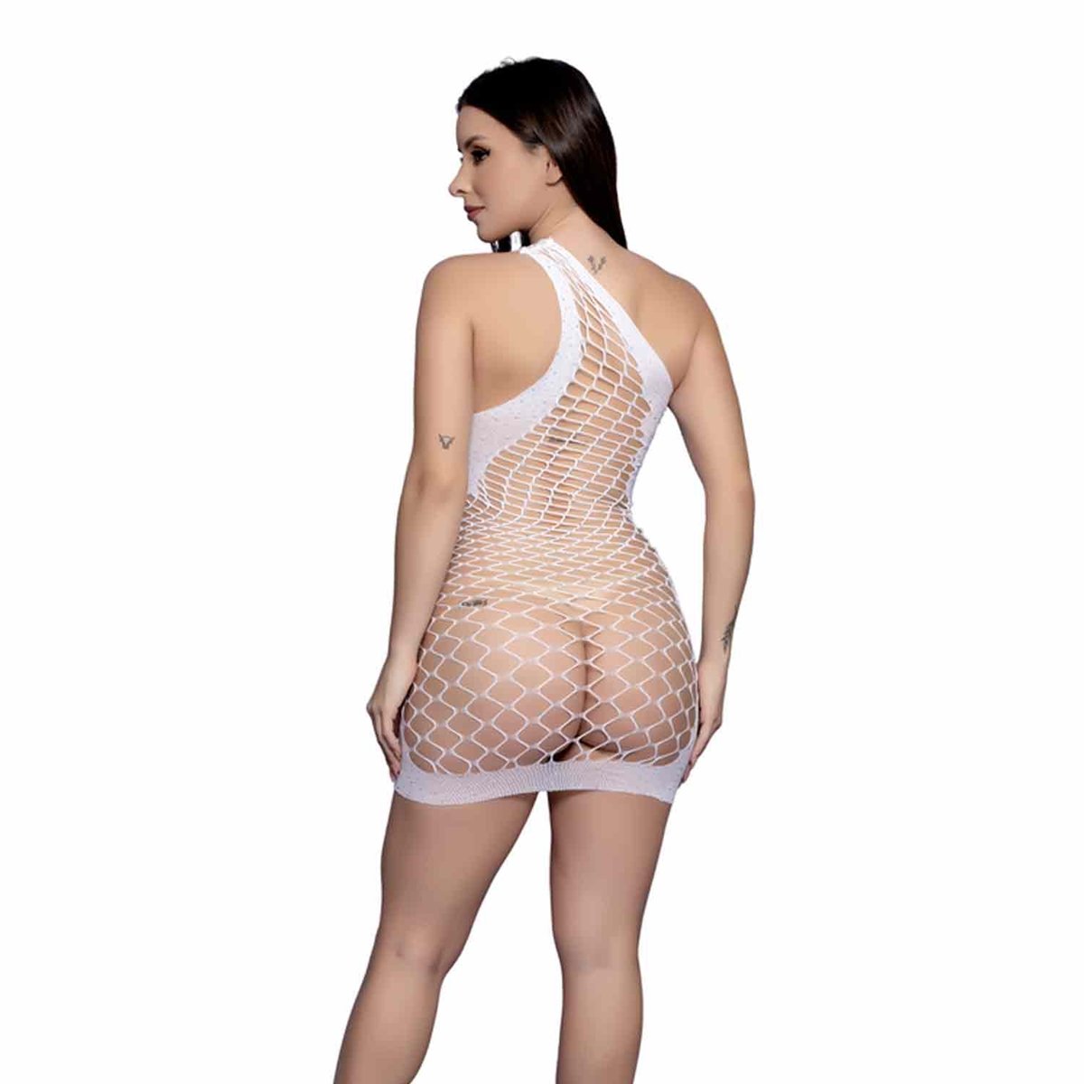 MINI VESTIDO DE STRASS VAZADO COM OMBRO NU, Yaffa MINI VESTIDO DE STRASS VAZADO COM OMBRO NU, Yaffa - vista adicional - Butique Bella
