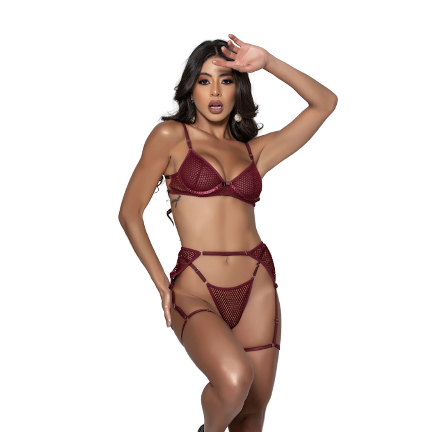 Conjunto Arrastão com Liga Sem Bojo e Calcinha Fio Dental