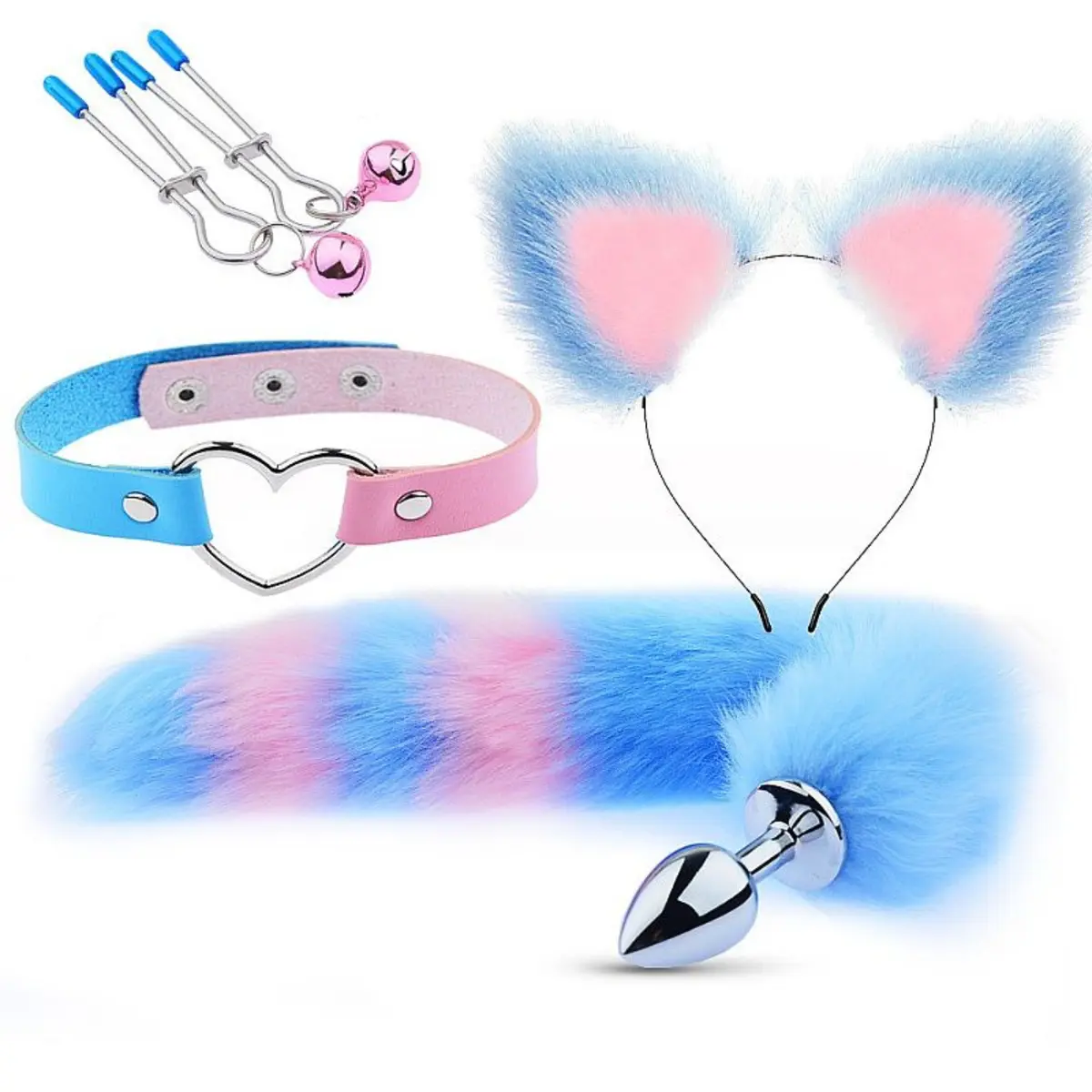 Kit Rabo de Raposa Completo com Plug, Tiara, Gargantilha e Grampos